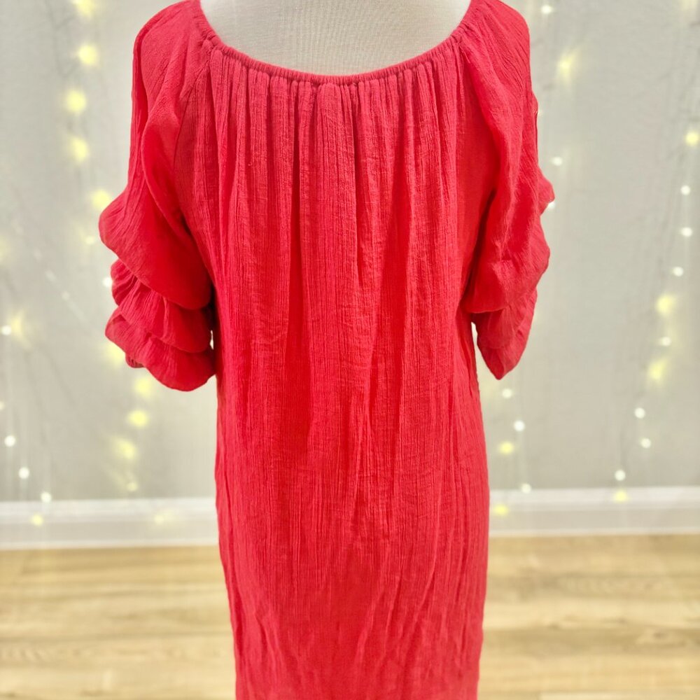 Boho Peasant Dress Pink Crinkle Gauze Ruffle Sleeve Midi Cover-Up - Picture 3 of 5